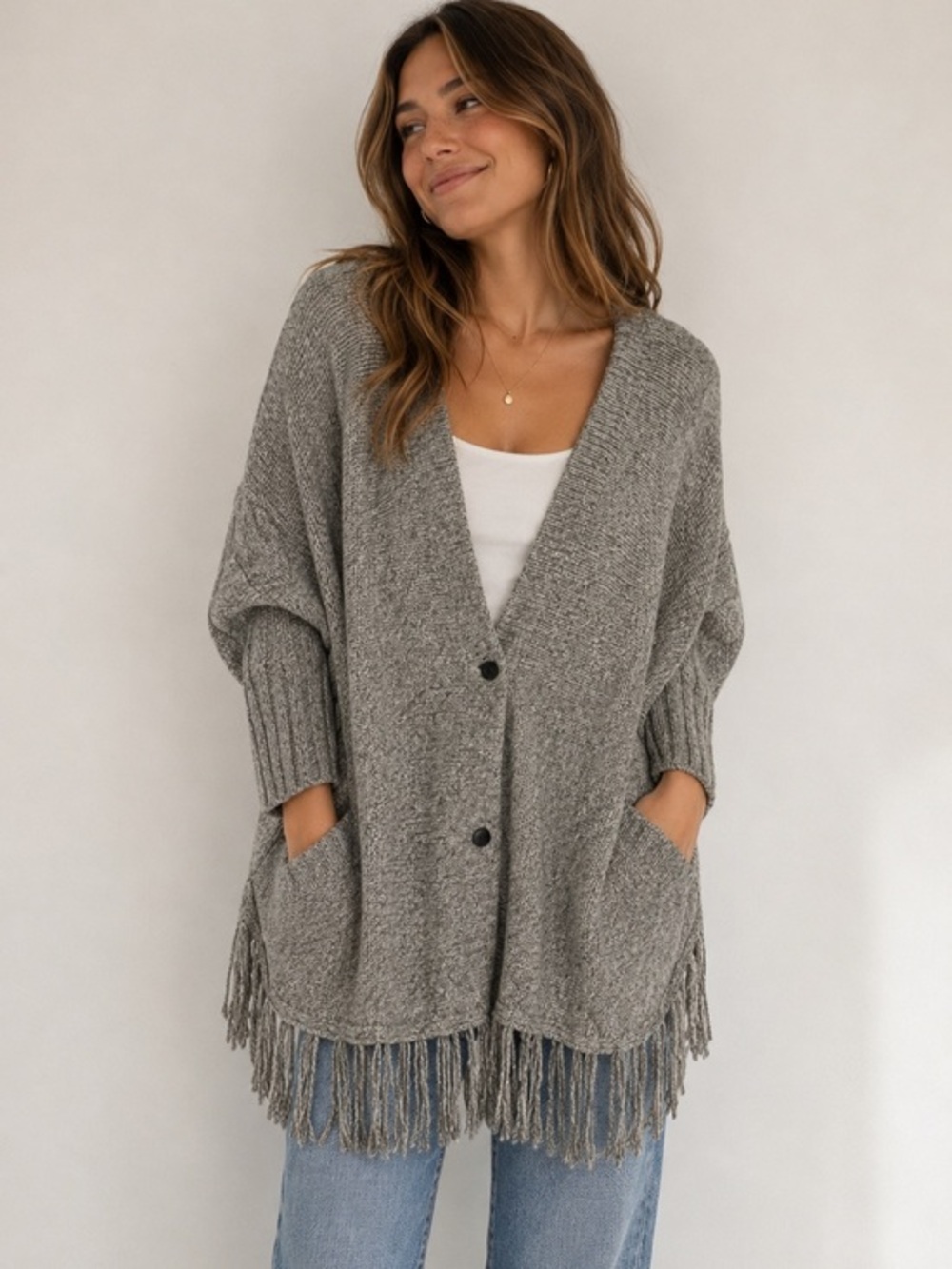 Women Gray Long Open Cardigan One Size Fringe Button Chunky Knit Boho 3/4 Sleeve